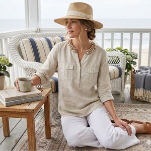 Talbots 100% Linen Seashell Embellished Popover Top - Natural Beige - Petite Med